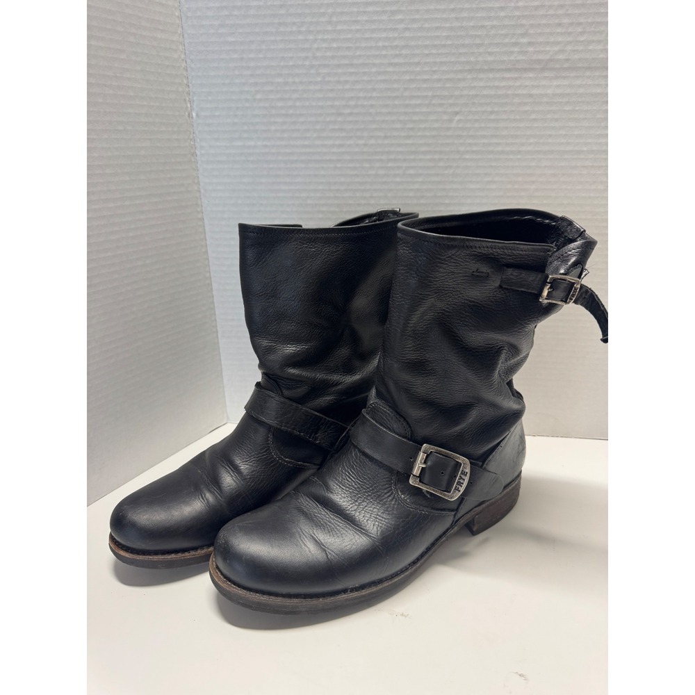 Frye Black Leather Engineer Boots Mid Calf Moto Buckle 77500 Mens Size 8.5
